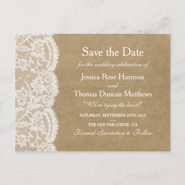 Postal De Anuncios La Colección Boda Kraft & Lace Guarda La Fecha (Anverso)