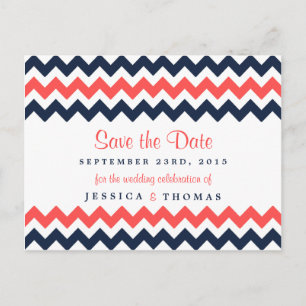 Postal De Anuncios La Colección Moderna Chevron de Bodas Navy y Coral