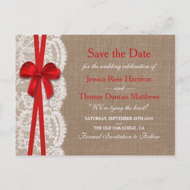 Postal De Anuncios La colección Rustic Red Bow Save the Date (Anverso)