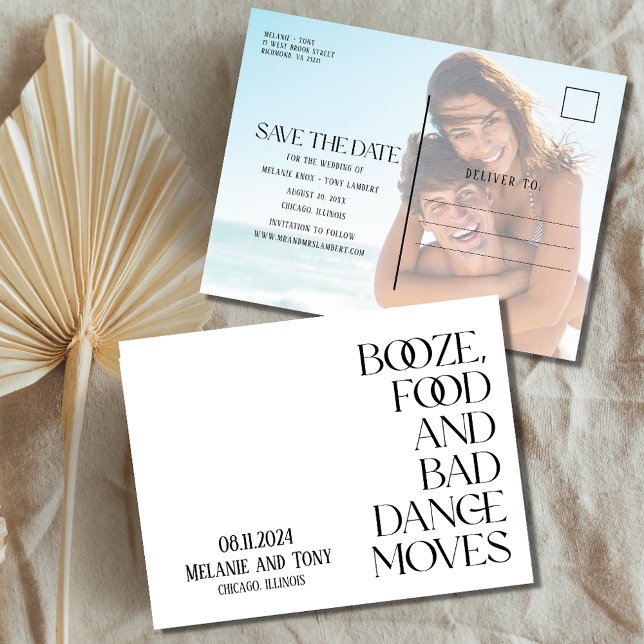 Postal De Anuncios La curiosa Booze Food Photo Wedding Salva la fecha (Subido por el creador)