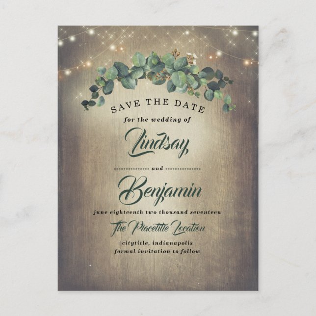 Postal De Anuncios La ecología de Eucalyptus Rustic Save the Date (Anverso)