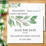 Postal De Anuncios La ecología de la Reunión Familiar Salva La Fecha<br><div class="desc">Envíe información de guardar la fecha para su reunión familiar con estas elegantes postales. Están decoradas con un diseño folclórico moderno y minimalista en tonos verdes. Personalizable fácil. También hay invitaciones para reuniones de coordinación y suministros para fiestas disponibles en mi tienda. Utilice la Herramienta de diseño para cambiar el...</div>