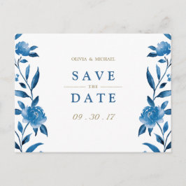 Postal De Anuncios La floral azul Chinoiserie Wedding salva la fecha
