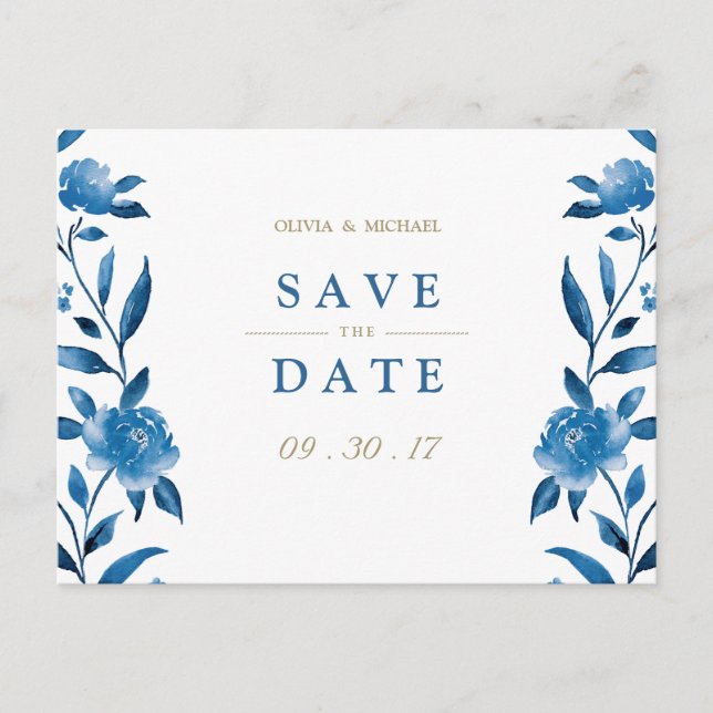 Postal De Anuncios La floral azul Chinoiserie Wedding salva la fecha (Anverso)
