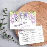 Postal De Anuncios La histeria de color de agua floral morado salva l<br><div class="desc">Floral acuarela Guardar la fecha, goteando en glicinia de bonito, que puede editar para cualquier ocasión. Tu cita especial está escrita en la parte delantera con letras moradas, enmarcada con flores de glicinia acuarela en tonos violeta, lavanda, rosa y malva con un poco de vegetación. La parte trasera de la...</div>