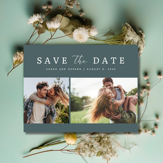 Postal De Anuncios La moderna boda verde de dos fotos salva la fecha (Modern Green Two Photo Wedding Save the Date Postcard)