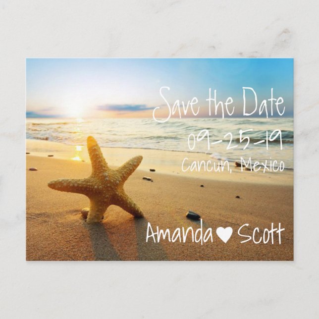 Postal De Anuncios La playa tropical Starfish Sunset Save the Date (Anverso)
