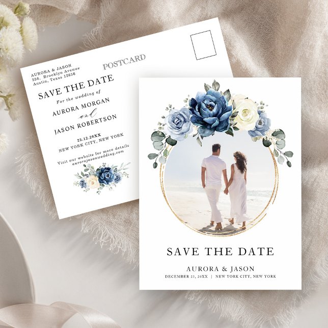 Postal De Anuncios La polvorienta marina azul Champagne marfil salva  (Dusty Blue Navy Champagne Ivory Save the Date Announcement Postcard)