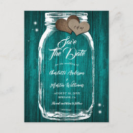 Postal De Anuncios La rústica Verde azulada Mason Jar Wood Wedding Sa