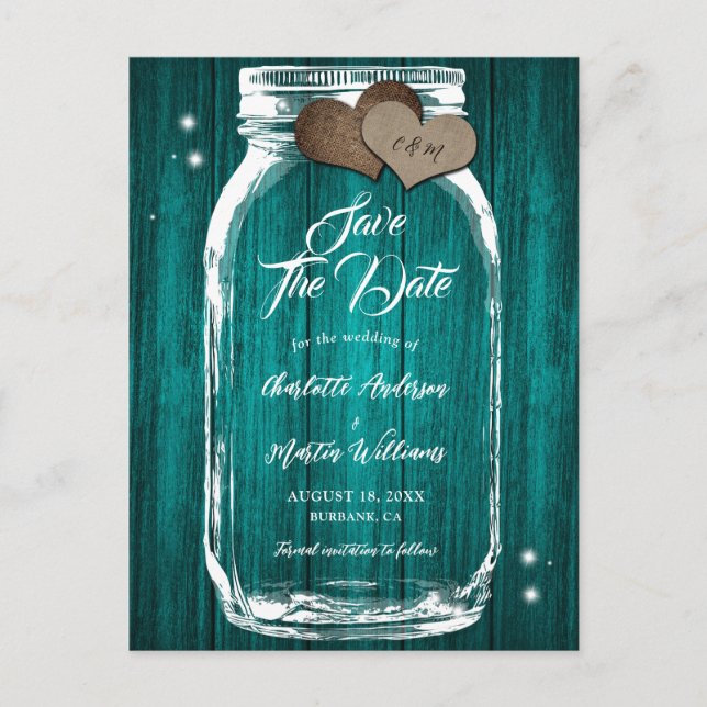 Postal De Anuncios La rústica Verde azulada Mason Jar Wood Wedding Sa (Anverso)