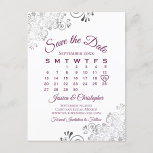Postal De Anuncios Lacy Cassis Boda púrpura Guardar el calendario de 