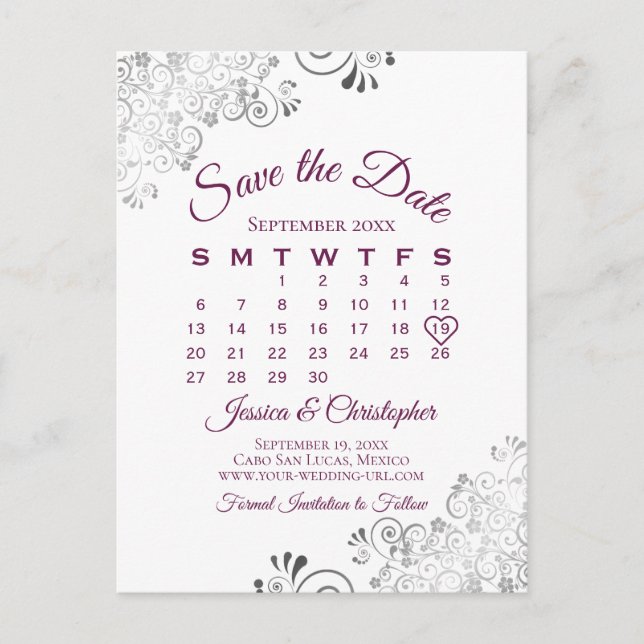 Postal De Anuncios Lacy Cassis Boda púrpura Guardar el calendario de  (Anverso)