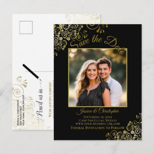 Postal De Anuncios Lacy Gold sobre Foto de Ahorro de Fecha de Boda en