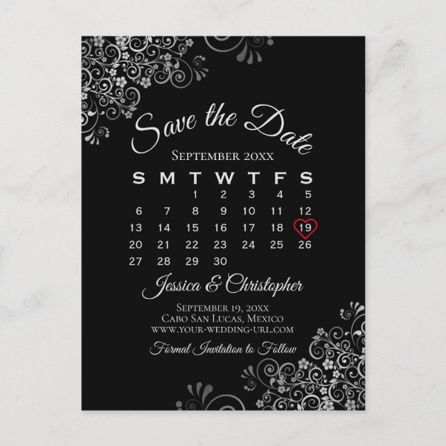 Postal De Anuncios Lacy Gray on Black Wedding Save the Date Calendar (Anverso)
