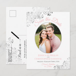 Postal De Anuncios Lacy plata rosa blanco boda guardar la fecha de la