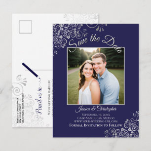 Postal De Anuncios Lacy Silver Azul Marino Boda Guardar la Fecha Foto