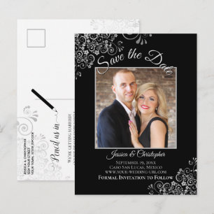 Postal De Anuncios Lacy Silver en Black Wedding Save the Date Foto