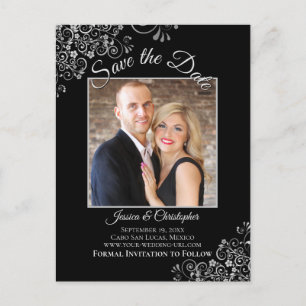 Postal De Anuncios Lacy Silver en Black Wedding Save the Date Photo