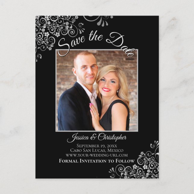 Postal De Anuncios Lacy Silver en Black Wedding Save the Date Photo (Anverso)