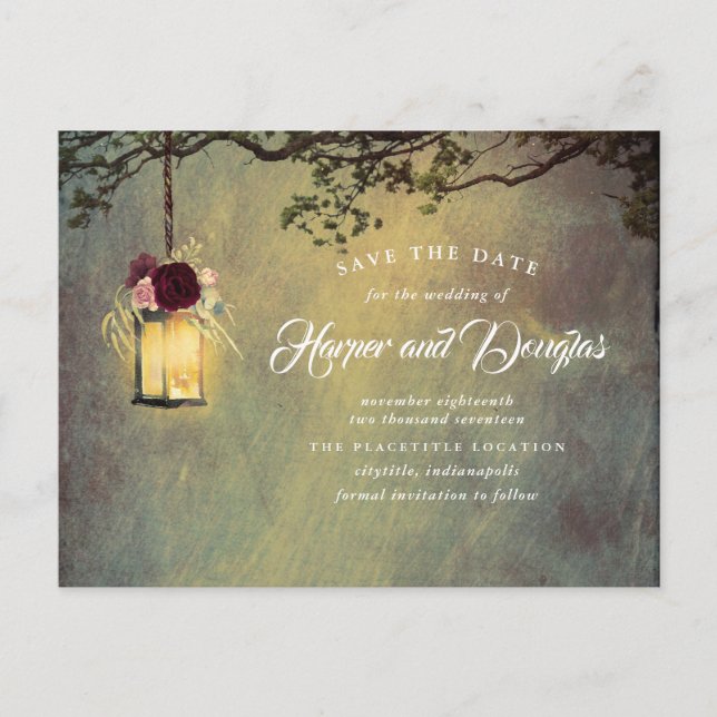 Postal De Anuncios Lámpara colgante floral de Borgoña Save the Date (Anverso)