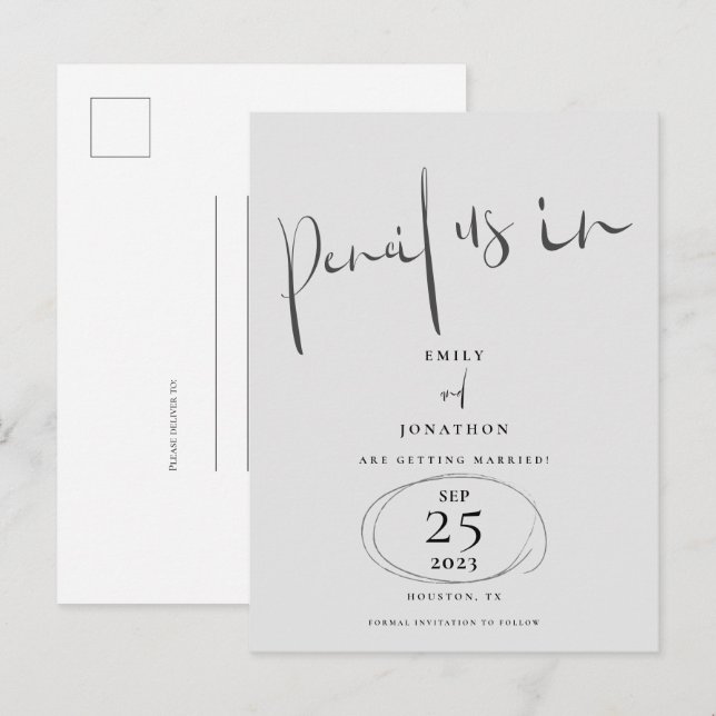 Postal De Anuncios Lápiz Mínimo En Gris De Guión Guardar La Fecha (Anverso / Reverso)