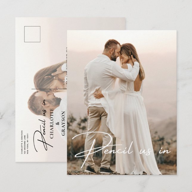 Postal De Anuncios Lápiz Para Salvar Al Boda De Fotos De Fecha (Anverso / Reverso)