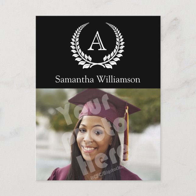 Postal De Anuncios Laurel de monograma negro/blanco (Anverso)