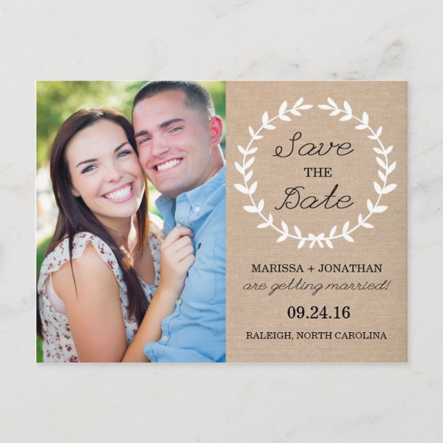 Postal De Anuncios Laurel Save the Date Photo Postcard / Burlap (Anverso)