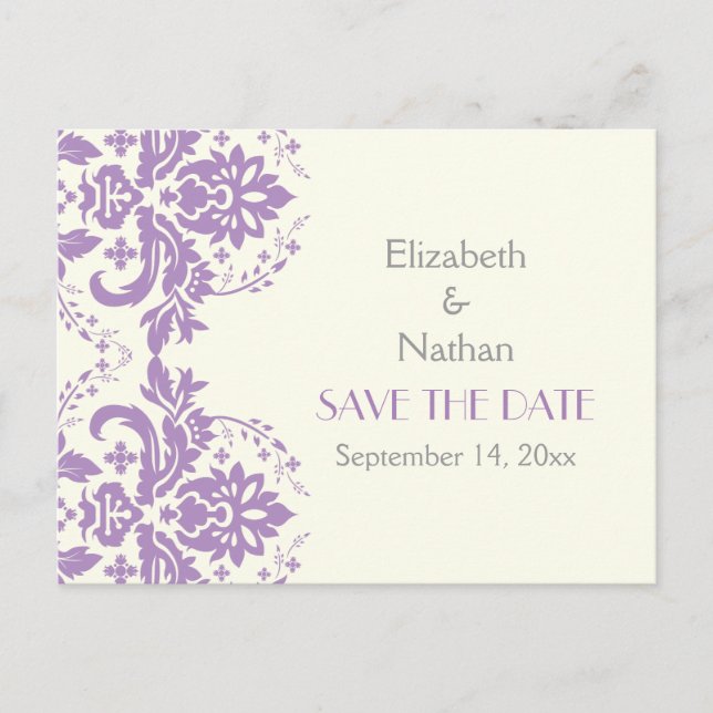 Postal De Anuncios Lavanda Damask, boda gris, marfil Salven la fecha (Anverso)