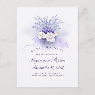 Postal De Anuncios Lavandas y Rosas Blancas Elegante Salva la Fecha