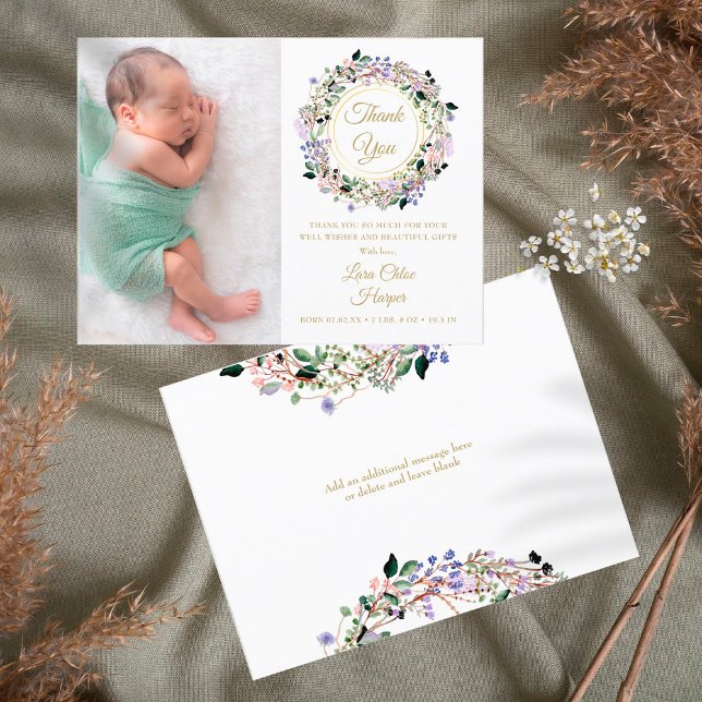 Postal De Anuncios Lavender Floral Baby Photo Gold Gracias A Nacimien (Subido por el creador)