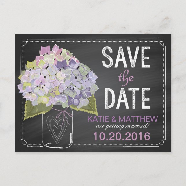 Postal De Anuncios Lavender Hydrangea Chalkboard Guardar fecha (Anverso)