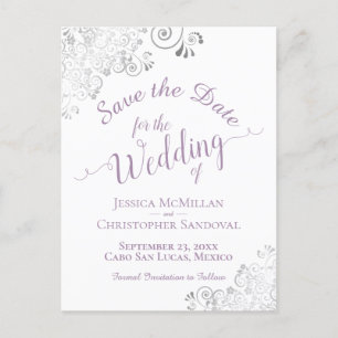 Postal De Anuncios Lavender Lacy Silver Wedding Salven la fecha blanc