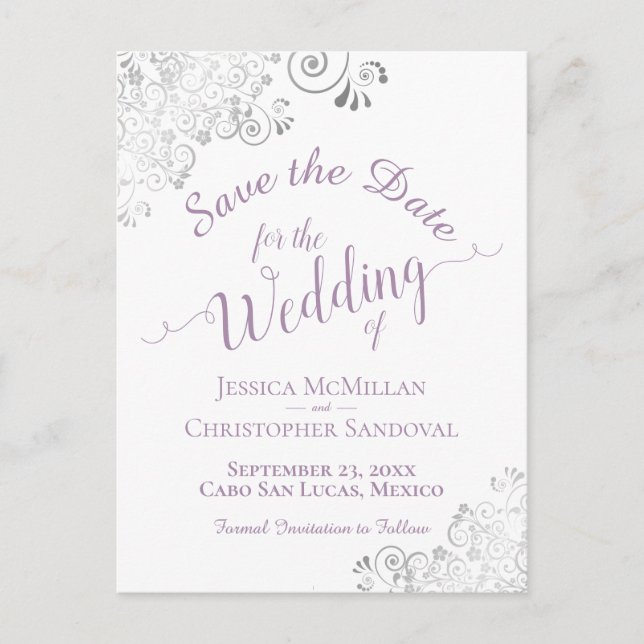 Postal De Anuncios Lavender Lacy Silver Wedding Salven la fecha blanc (Anverso)