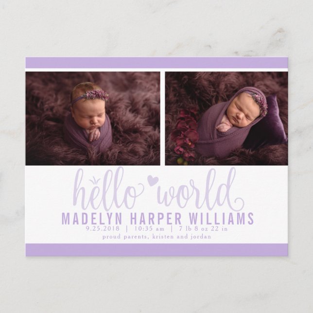 Postal De Anuncios Lavender Purple Hello World Photo Birth Stat (Anverso)