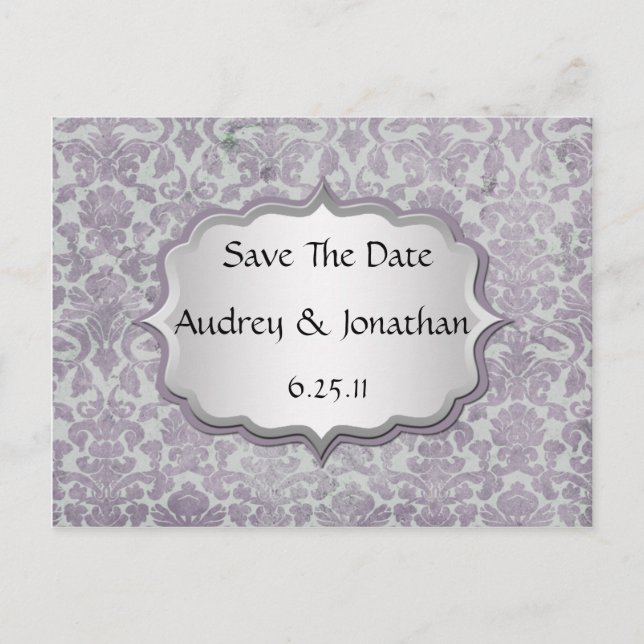 Postal De Anuncios Lavender Silver Grunge Damask Guardar La Fecha (Anverso)