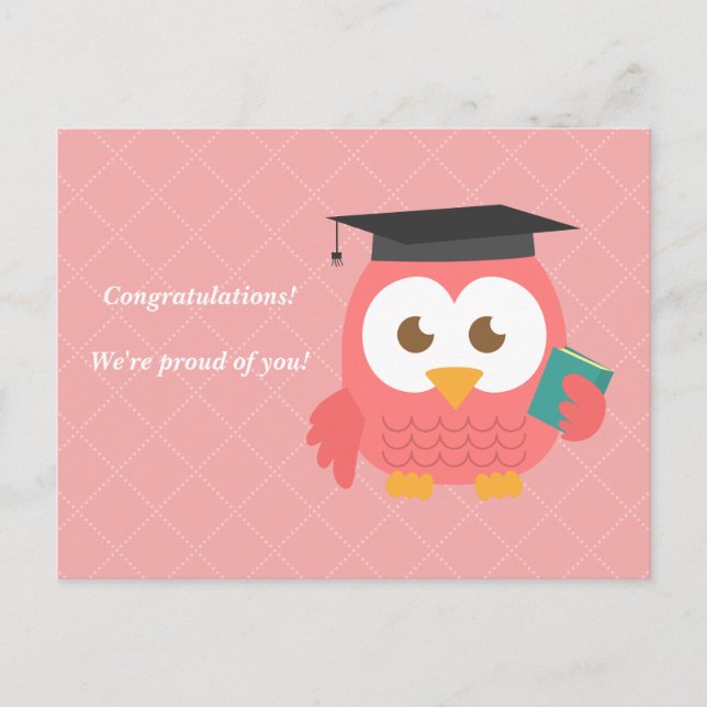 Postal De Anuncios Lechuza rosada para graduación (Anverso)