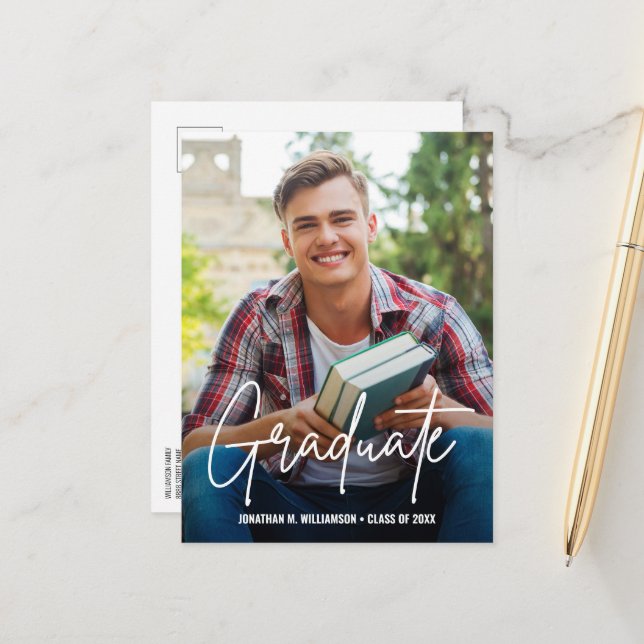 Postal De Anuncios Letra a mano moderna Graduada Foto personalizada (Anverso/Reverso In Situ)