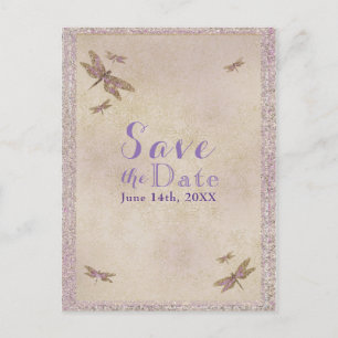 Postal De Anuncios Libélulas púrpura y dorado Save the Date