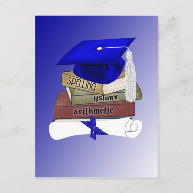 Postal De Anuncios Libros de Graduación Gorra y Diploma, Azul (Anverso)
