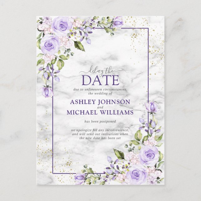 Postal De Anuncios Lilac Lavender Gold Marble Floral Retraso La Fecha (Anverso)