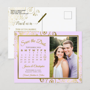 Postal De Anuncios Lilac Purple Gold Boda Guardar fecha calendario Fo