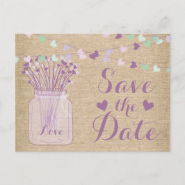 Postal De Anuncios Lilac Purple Mason Jar Burlap Lace Guardar la fech