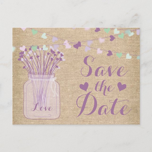 Postal De Anuncios Lilac Purple Mason Jar Burlap Lace Guardar la fech (Anverso)
