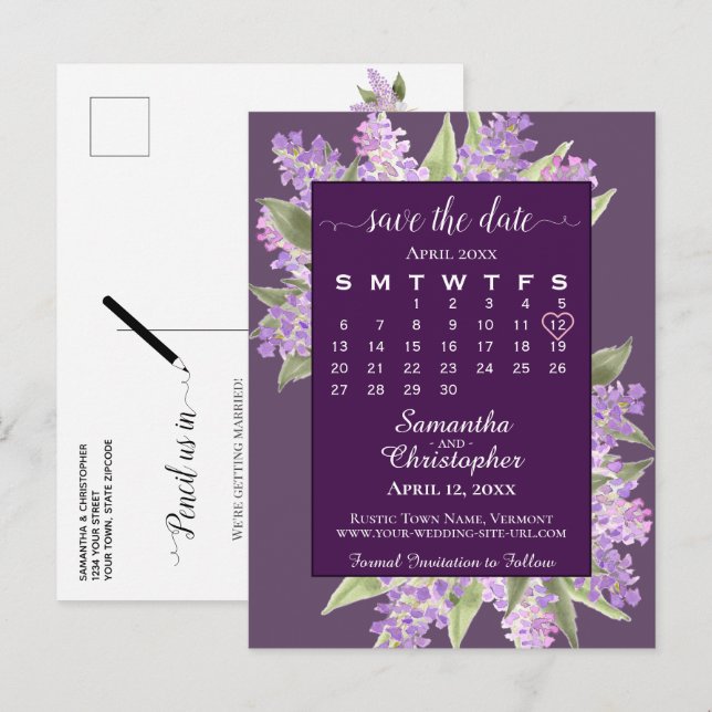 Postal De Anuncios Lilas Rústicas Calendario de Bodas para Guardar la (Anverso / Reverso)