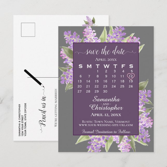 Postal De Anuncios Lilas Rústicas Calendario de Guardar la Fecha de B (Anverso / Reverso)