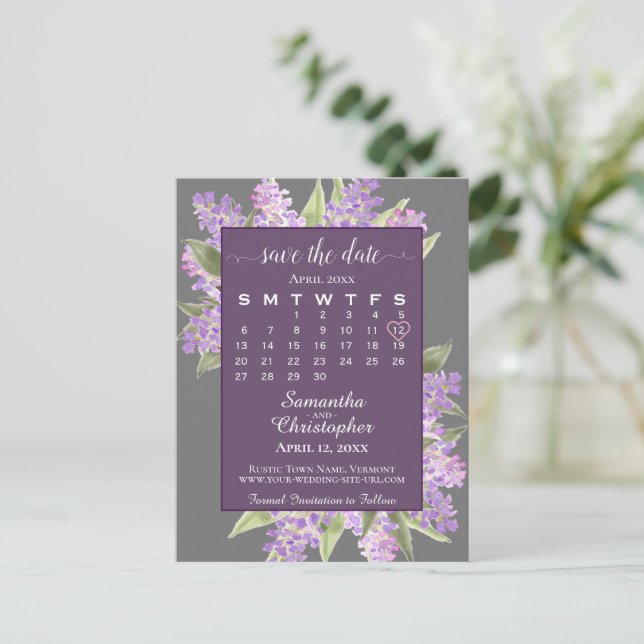 Postal De Anuncios Lilas Rústicas Calendario de Guardar la Fecha de B (Anverso de pie)