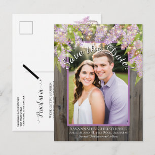 Postal De Anuncios Lilas Rústicas en Madera Foto Boda Guardar la Fech