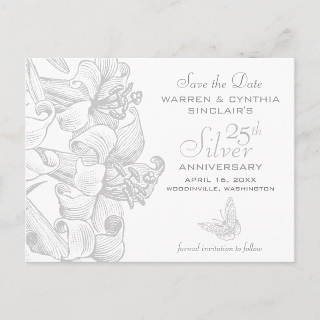 Postal De Anuncios Lilies Save the Date Silver 25° aniversario (Anverso)