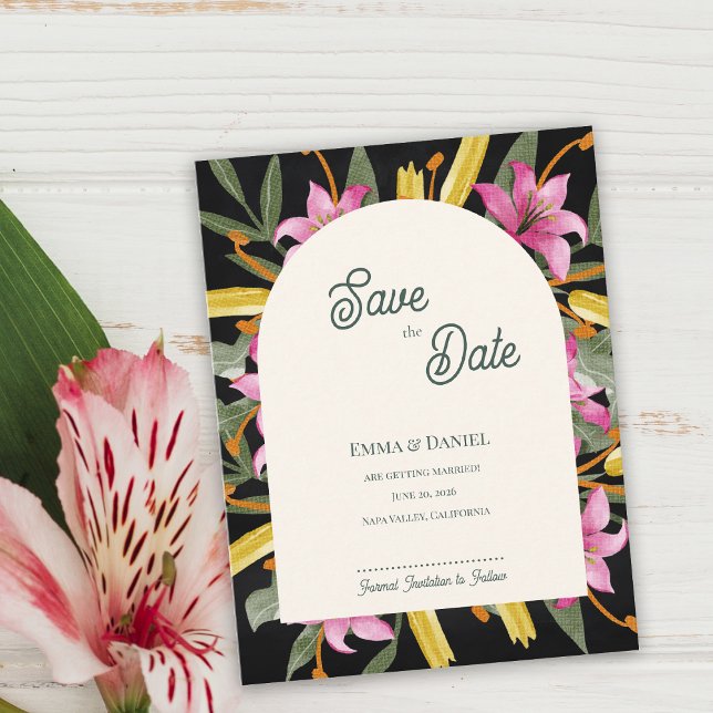 Postal De Anuncios Lily Rosa Oscuro Arqueada Salva la Fecha (Dark Blush Pink Lily Arched Save the Date | Botanical Floral Arch Evening Wedding Announcement)